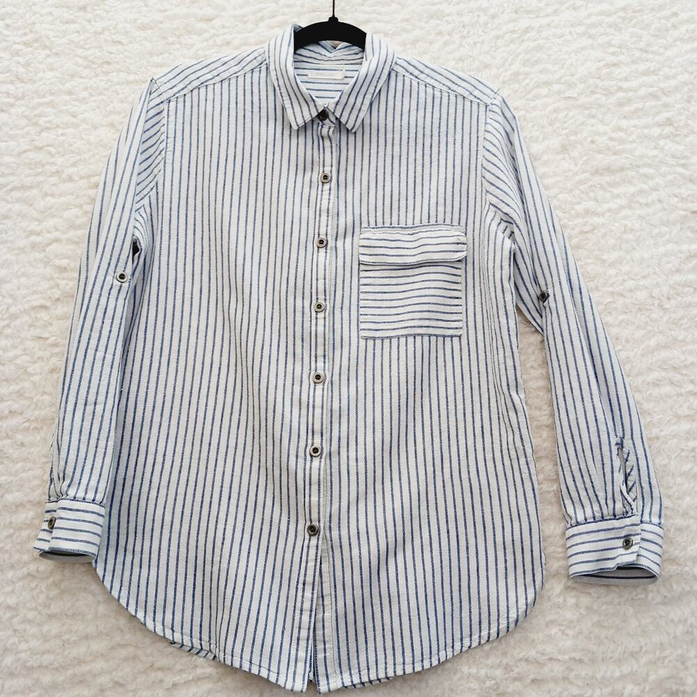 Blouse Navy Linen Button-Up Stripe Preppy Coastal Classic Academia Cruise Size S